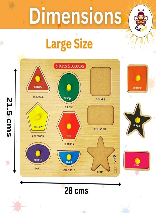 BuGBee Toys Wooden Shapes & Colours Peg Puzzle for Kids 2 3 4 5+ Years | Jumbo Size Shape Sorting Learning Board | 9 Shapes Educational Wooden Toy - Image 3